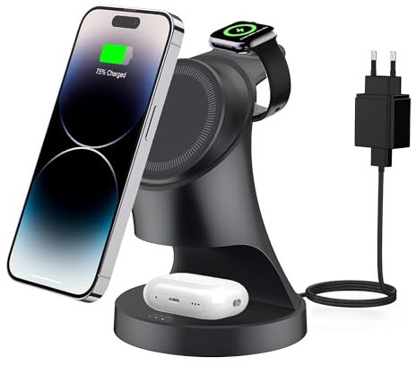 Ladestation für Apple Watch und iPhone, 3 in 1 Wireless Charger Induktive Ladestation Kabelloses Ladegerät für iPhone 16/15/14/13/12 MagSafe/Apple Watch/AirPods Pro Serie mit 20W Adapter (Schwarz)