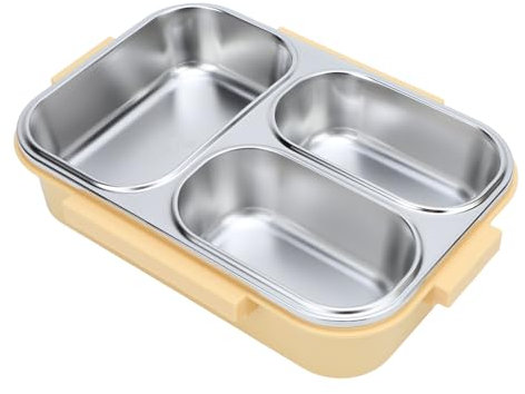 Unterteilte Lunchbox aus 304 Edelstahl, auslaufsicher, beheizbar, 3 Fächer, rechteckiger Lebensmittelbehälter, 1,2 l Fassungsvermögen, Gelb