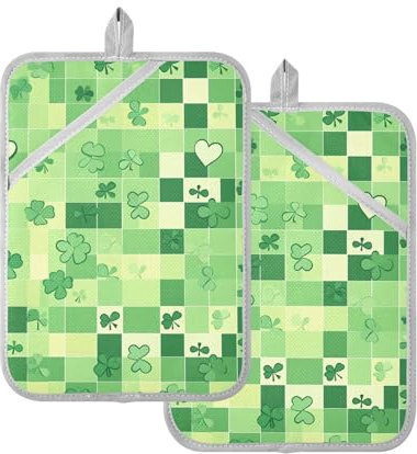 Foiosoh Topflappen mit Taschen, hitzebeständig, Kleeblatt-Herz, kariert, Grün, 2 Stück