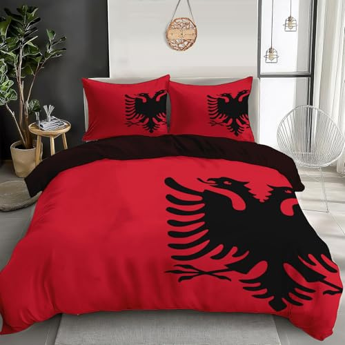 Albanisches Nationalwappen Bettwäsche Set, 220x240cm Bettbezug, Patriotischer Stil Wendebettwäsche Bedding Sets, Bügelfrei und Weich Bettdeckenbezug mit Reißverschluss