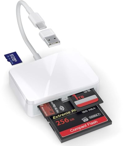 SD Card Reader, 4 in 1 USB C to SD/TF/CF/MS Card Reader with USB to USB C Adapter Memroy Card Reader for iPhone 17/16/15 Pro Max iPad Pro MacBook Pro/Air iMac M4/M3/M2 Android Phone/Tablet PC (White)