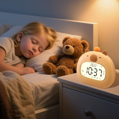 Réveil pour Enfants Capybara - Réveil de Chevet avec veilleuse - 3 alarmes possibles - Affichage LED de la Date, de l'heure et de la température - Rechargeable pour garçons et Filles
