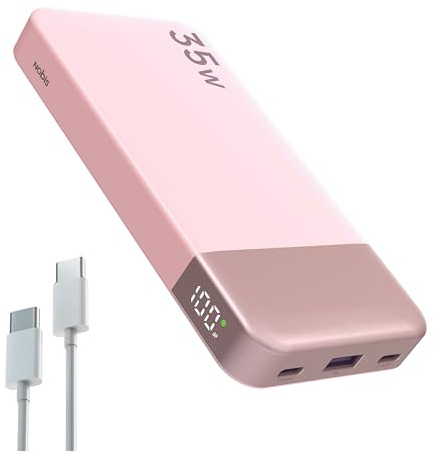 Cargador portátil NOBIS, Power Bank de 10000mAh con Carga rápida, Banco de batería con Cable C a C, Banco de batería con Pantalla Digital para Phone, Pad, Android, etc. (Rosa, 35W)