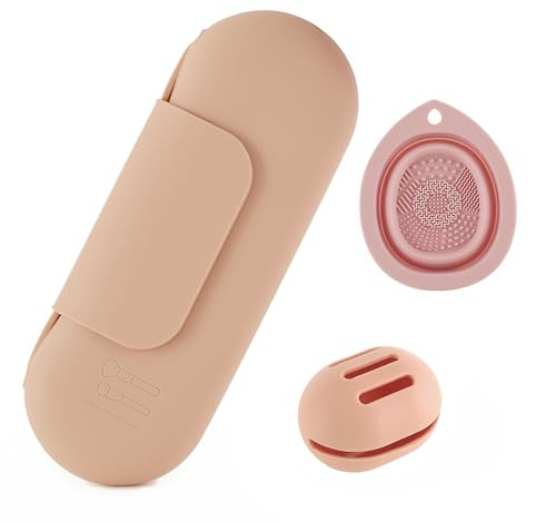 Silicone Makeup Brush Holder Set – Portable Travel Makeup Brush Holder with Makeup Sponge Holder and Foldable Cleaning Bowl – Upgraded 3-in-1 Cosmetic Organizer Set (khaki)