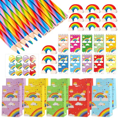 45 Stück Regenbogen Themenset für Regenbogen Geburtstagsdeko & Kunstmalerei | Regenbogenstifte Mehrfarbig in einem Stift, 12 Regenbogenstift Regenbogen Radiergummi Notizbücher Papiertüten Bunt Aufklebern