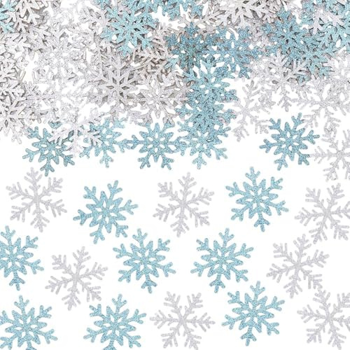 Gleemix 100 Stück Glitzer Schneeflocken Deko Konfetti, Blau Weiß Weihnachts Tischdeko, Klein Streudeko Konfetti, Schneeflocke Weihnachten Deko für Hochzeit, Neujahr, Winter Frozen Party, 3,2 x2,8 cm