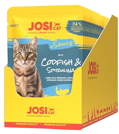 JosiCat Codfish in Sauce (28 x 85 g) | Adult | Premium Nassfutter für ausgewachsene Katzen | Mit feinem Kabeljau in Sauce | Ohne Zusatz- & Konservierungsstoffe | 28er Pack