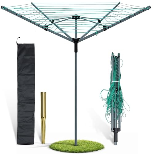 ZMR SHOP CRAFT 4 Arm 60M Heavy Duty Rotary Washing Line with Ground Spike, Height Adjustable Outdoor Rotary Dryer, 360° Rotating Garden Clothes Airer, 30KG Load Capacity for Large Family Laundry
