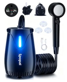 Spopal Portable Camping Shower with Nightlight Mode for Camping,Travel | IPX8 Waterproof, 8000mAh Battery Long-lasting, 5 Speed Settings, PP Filter Cartridge, Shower Water Temp Monitor