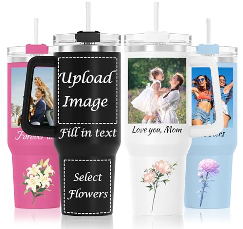 Personalized 40oz Tumbler with Handle & Straw, Custom Birth Flower Cup with Name, Picture & Text, Leak Proof Stainless Steel Insulated Travel Mug,Unique Birthday Christmas Gift for Women Men