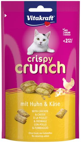 Vitakraft Crispy Crunch, Katzen Leckerli, knuspriger Katzensnack gefüllt mit Hühnchen und Käse, im wiederverschließbaren Beutel, ohne Zusatz von Zucker (1x 60g)