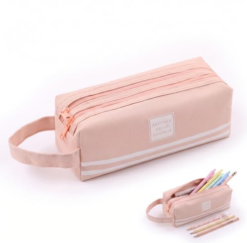 KOHVAN Trousse Scolaire Rose à Double Compartiment, Trousse Ecole, Trousse Rose, Grande Capacité Trousse à Crayons en Tissu Oxford, Étui à Stylos Portable pour École, Collège et Bureau