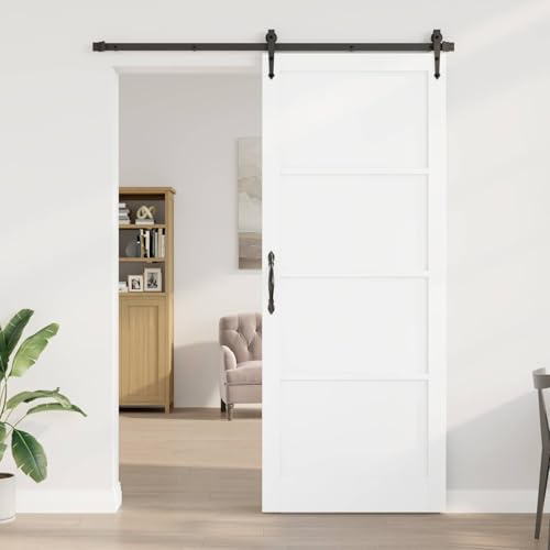 Runheo Puerta interior blanca de 93 x 232 cm de madera contrachapada con mecanismo corredizo, madera de pino resistente, ahorra espacio, versátil, fácil montaje para casa y casa, aspecto natural