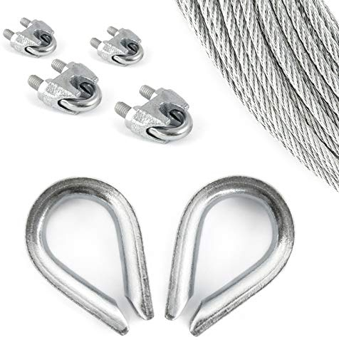 SET 50m câble acier galvanisé 6x19 6mm + 4 serre-câbles étrie et 2 cosse coeur