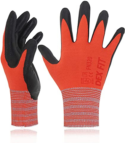 DEX FIT Premium Nylon Work Gloves FN320-3 Pairs, Firm Nitrile Grip, 3D-Comfort Stretchy Fit, Thin & Lightweight, Protective & Durable, Breathable, Machine Washable; Red 7 (S)