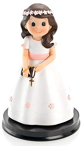 Figurine de communiante (robe blanche, avec fleurs et ceinture rose) pour gâteau de communion Souvenir pour gâteau de première communion de fille.