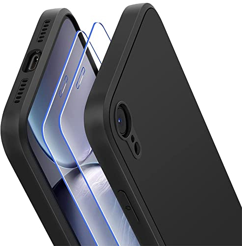 Losvick Custodia compatibile con iPhone XR con 2 pellicole protettive in vetro temperato, custodia in silicone liquido per iPhone XR TPU sottile morbida antiurto custodia iPhone XR -6,1 pollici -Nero