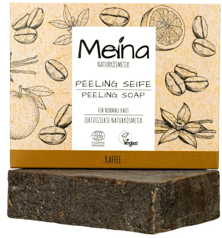 Meina Naturkosmetik - Bio Peeling Seife mit Kaffee, Naturseife ohne Palmöl, Zertifiziert, Vegan, Nachhaltig, Handgemacht, Wie ein festes Duschgel - 100g