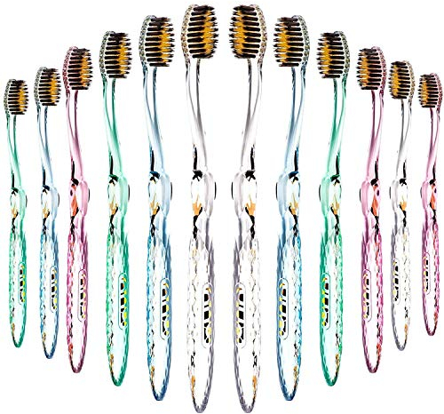 Nano-b Handzahnbürsten-Set für Erwachsene mit empfindlichem Zahnfleisch, Gold & Kohle, weiche/mittlere Borsten, Reiseetui, Blau, Rosa, Grün, Kristall, 12er-Pack