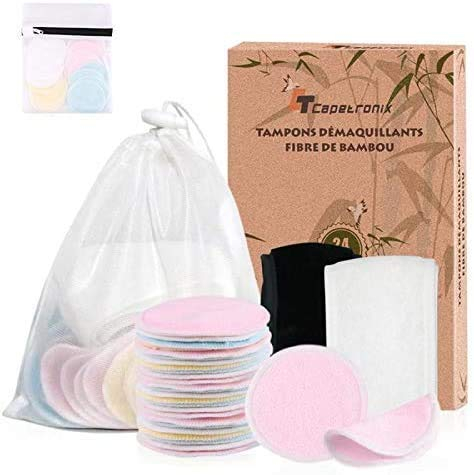 24 wiederverwendbare Abschminkpads mit Haarband, Wäschesack und Aufbewahrungstasche, waschbare 100% Bio-Bambus-Baumwoll-Pads für alle Hauttypen | Wiederverwendbare runde Baumwolle