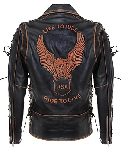 Infinity Leather Herren Jahrgang Schwarz Brando LIVE to Ride Geprägte Eagle Leder Motorrad Motorradjacke