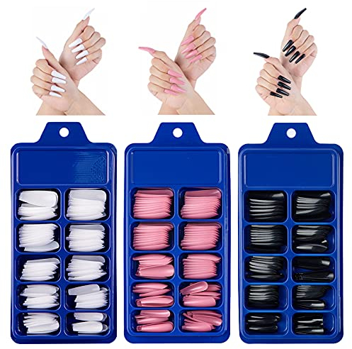300pcs Long Press On Nails Coffin Fake Nails Stick On Full Cover Long False Nails 10 Sizes Artificial Nails for Women Girls Nail Art Decoration Manicure - Black + White + Pink