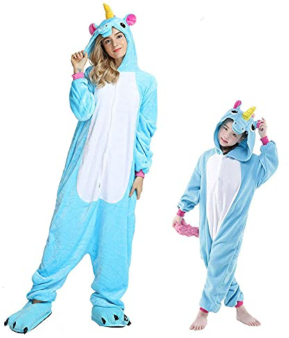 Regenboghorn Einhorn Kostüm Pyjama Pegasus Onesie Overall für Männer, Frauen, Kinder Halloween Party Onsie Overall Nachthemd Nachtwäsche Blau Pegasus L