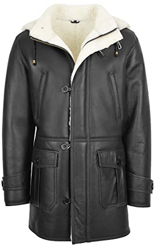 House Of Leather Vincent Manteau à capuche 3/4 en peau de mouton véritable pour homme, Noir , XL