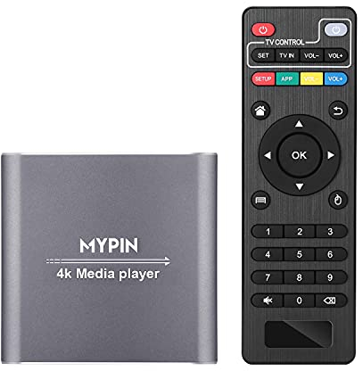 Lecteur Multimédia 4K, MYPIN Mini HD Media Player TV pour 8TB HDD/Clé USB/Carte TF/H.265 MP4 PPT MKV AVI Soutien Sortie HDMI/AV/Coaxial et Souris USB/Clavier-HDMI Jusqu'à 7.1 Son Surround