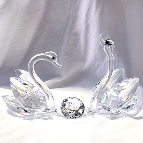 Double Crystal Swans Ornaments 25th Anniversary Wedding Gifts for Couples, 25 Years of Love Anniversary Presents Glass Swans Figurines Collectible with Silver Cut Diamond