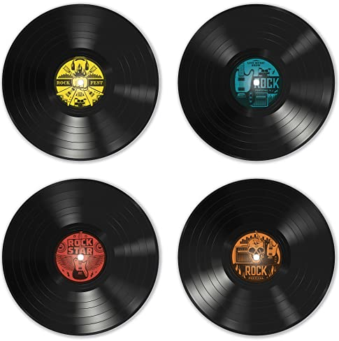 Interluxe LED Untersetzer RUND 4er Set - Vinyl Rock - Schallplattenmotiv Geschenkidee Freunde Kollegen Geschwister Eltern 70er 80er Stil