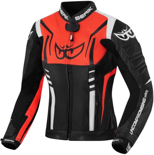 Berik Striper Damen Motorrad Lederjacke, schwarz/weiß/rot, 44