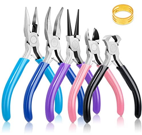 Modacraft 5 PCS Jewellery Pliers Kit with Spring, Jewellery Making Plier Set with Needle Nose Plier, Round Nose Plier, Bent Nose Plier, Wire Cutter, DIY Plire Jewellery Making Kit for Girls