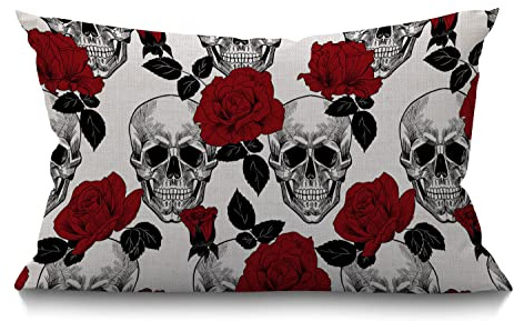 BGBDEIA Sugar Skull Cushion Cover Bastract Sugar Skull with Red Rose Pattern Cotton Linen Decorative Rectangular Throw Pillow Cover Pillowcase for Sofa and Bed Couch 12X20 30 x 50 cm