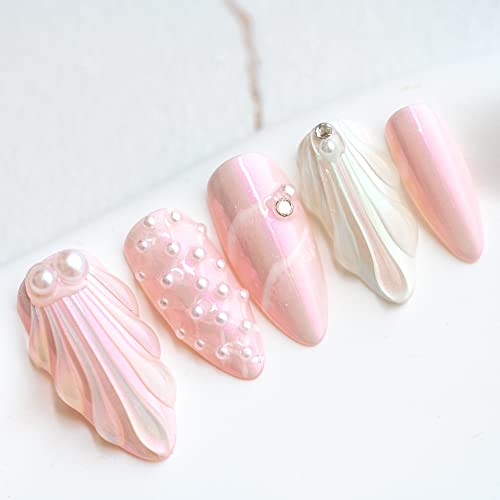 Sun&Beam Nails Handmade Press-on Medium Long Amlond Pink White 3D Rhinestone Sweet Design Fashion False Nail Tips 10 Pcs Set (#011 M)