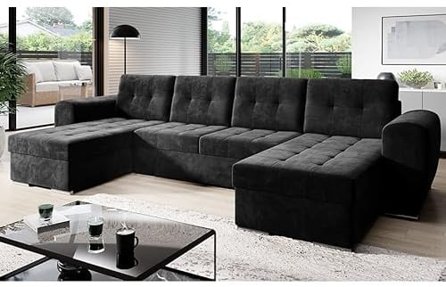 MODERNO Bari Living Room Landscape Sofa with Sleep Function Couch U-Shape Sofa Bed with Bed Box Corner Sofa Bed Modern Living Room Furniture Corner Couch Velour Fabric Quilted Sofa Grey