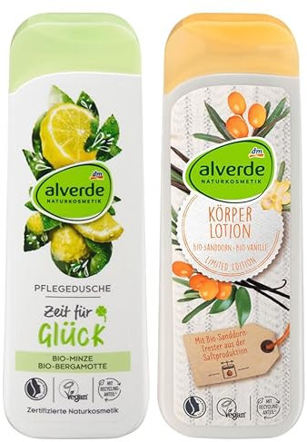 alverde NATURKOSMETIK 2er-Set Körperpflege: Duschgel Pflegedusche ZEIT FÜR GLÜCK Bio Minze Bergamotte (250 ml) + BODYLOTION Körperlotion BIO-SANDDORN & BIO-VANILLE Feuchtigkeitspflege (250 ml), 500 ml