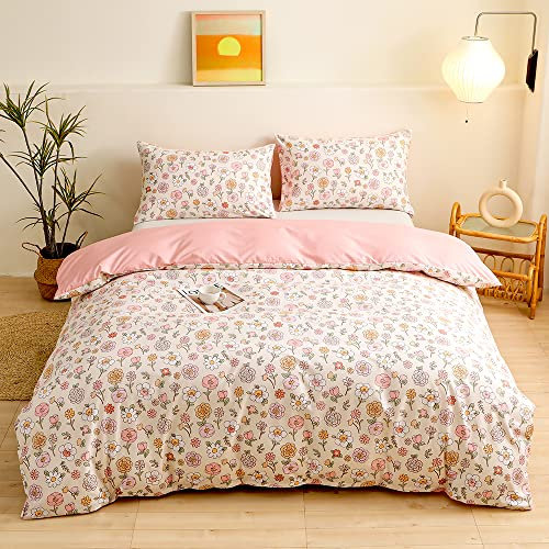 YASMENG Bettwäsche 135x200 4teilig Bunt Blumen Muster Beige Rosa Bettbezug Set Weich Flauschig Mikrofaser Bettwäsche Modern Floral Wendebettwäsche Set mit Reißverschluss und 2 Kissenbezüge 80x80 cm