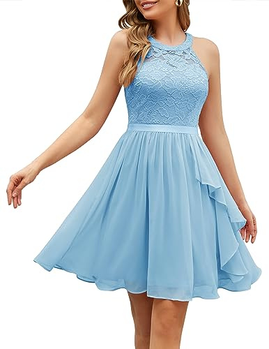 Wedtrend Vestidos de dama de honor para mujer, vestido de cóctel sin mangas con escote halter, vestido corto de fiesta de graduación de línea A con volantes 2026, Azul claro, XL