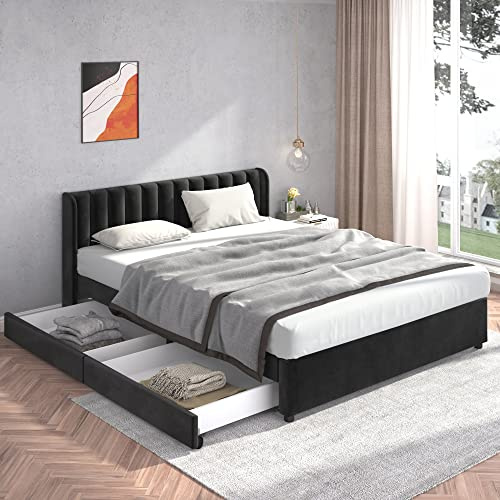 Idemon Polsterbett, Samt, mit Lattenrost, Rückenlehne, 2 Schubladen, gepolstertes Doppelbett für Kinder, Jugendliche und Erwachsene, Jungen und Mädchen (180 x 200 cm, Black)