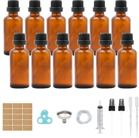 50ml-12Stk Braunglasflasche, Tropfflasche aus Glas Bernsteinglasflasche Apothekerflasche Set inkl.kleine Glasflaschen Tropfereinsatz Verschluss Trichter Spritze Etikett Hilfsmittel (Braun, 50ml-12Stk)