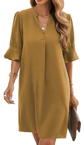 Famulily Damen Sommer Freizeitkleid Frühling Puffärmel V-Ausschnitt Elegantes Kurzes Kleid Gelb XXL