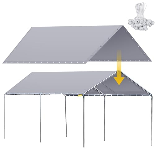 Wesnoy 3 x 6,1 m robuste Überdachung Ersatzabdeckung wasserdichte Carport Garage Auto Shelter Tarp Zelt für Auto Baldachin mit 50 Ball Bungees, nur obere Abdeckung, Rahmen ist nicht im Lieferumfang