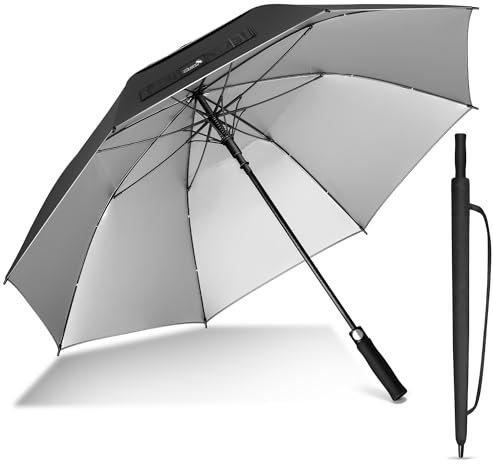 ZOMAKE UV Großer Golfschirm Sturmfest,62 inch Sturm Regenschirm Groß Für Herren Damen,UPF 50+UV Schutz Regenschirm für Reisen(Schwarz Silber)