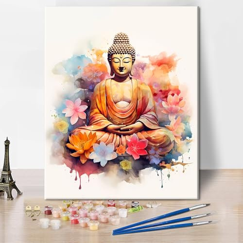 TISHIRON Malen nach Zahlen Erwachsene Buddha, DIY Ölmalerei nach Zahlen Kits für Erwachsene Buddhismus, Erwachsene Malen nach Zahlen Kits Lotusblumen, Kunsthandwerk 40 x 50 cm(rahmenlos)
