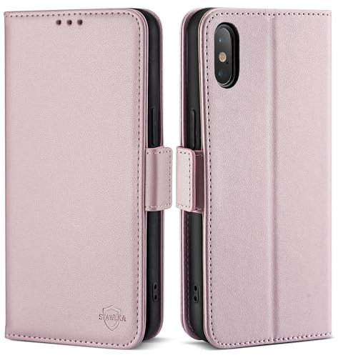 STAWLKA Wallet Case for iPhone X iPhone XS (5.8), RFID Blocking Card Holder Kickstand Magnetic Closure Flip Folio PU Leather Cover Shockproof Protective Phone Case for iPhone X/XS - Rose Gold