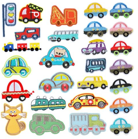 paitok SFNEC 27PCS Iron on Car Patches for Kids Clothing, Embroidered Traffic Appliques Stickers, Repair Patches for Jeans, Jackets, Hats, Shoes, Backpacks, Bus/Truck/Cars DIY Decorations