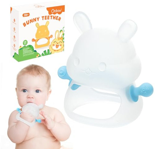 Orzbow Jouet Bebe 0-3-6-9 Mois, Silicone Lapin Anneau de Dentition Bebe avec Poignée Amovible, Facile Saisir & Nettoyer, Légèreté Jouet Dentition Bébé pour Les Besoins de Succion, Bleu