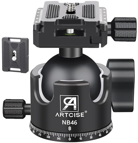 Testa a Sfera Bassa da 46mm, Testa per Treppiede Pesante ARTCISE NB46 Tutto Metallo CNC con Due Piastrine a Rilascio Rapido da 1/4 per Treppiede, Monopiede, DSLR, Videocamera, Carico Max 25kg