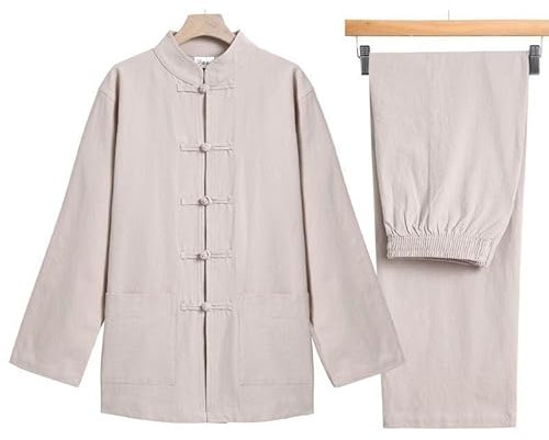 Costume Tang For Hommes Hanfu Vêtements Traditionnels Chinois Uniforme De Méditation Zen, Vêtements De Tai Chi En Lin À Manches Longues Costume D'arts Martiaux De Kung Fu Pur Coton(Beige,XXXX-Large)